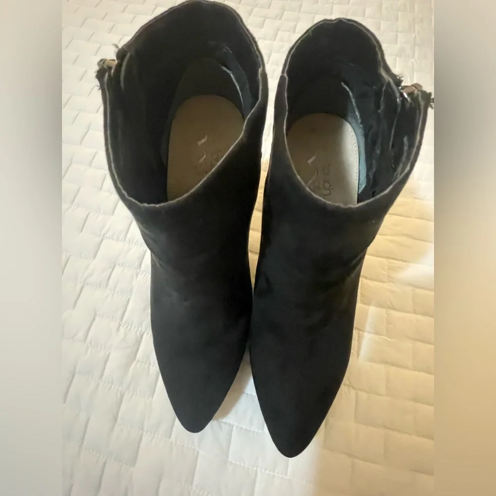 Nina Black Suede Ankle Booties with Embellished Heel